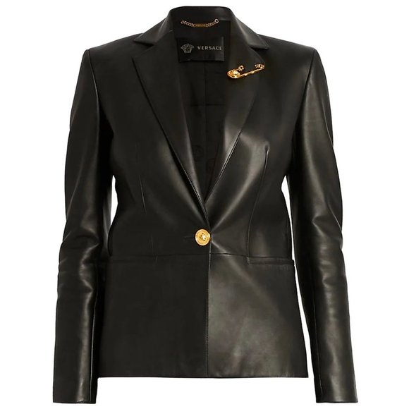 Versace Jackets & Blazers - Versace Safety Pin Detail Black Leather Blazer Jacket